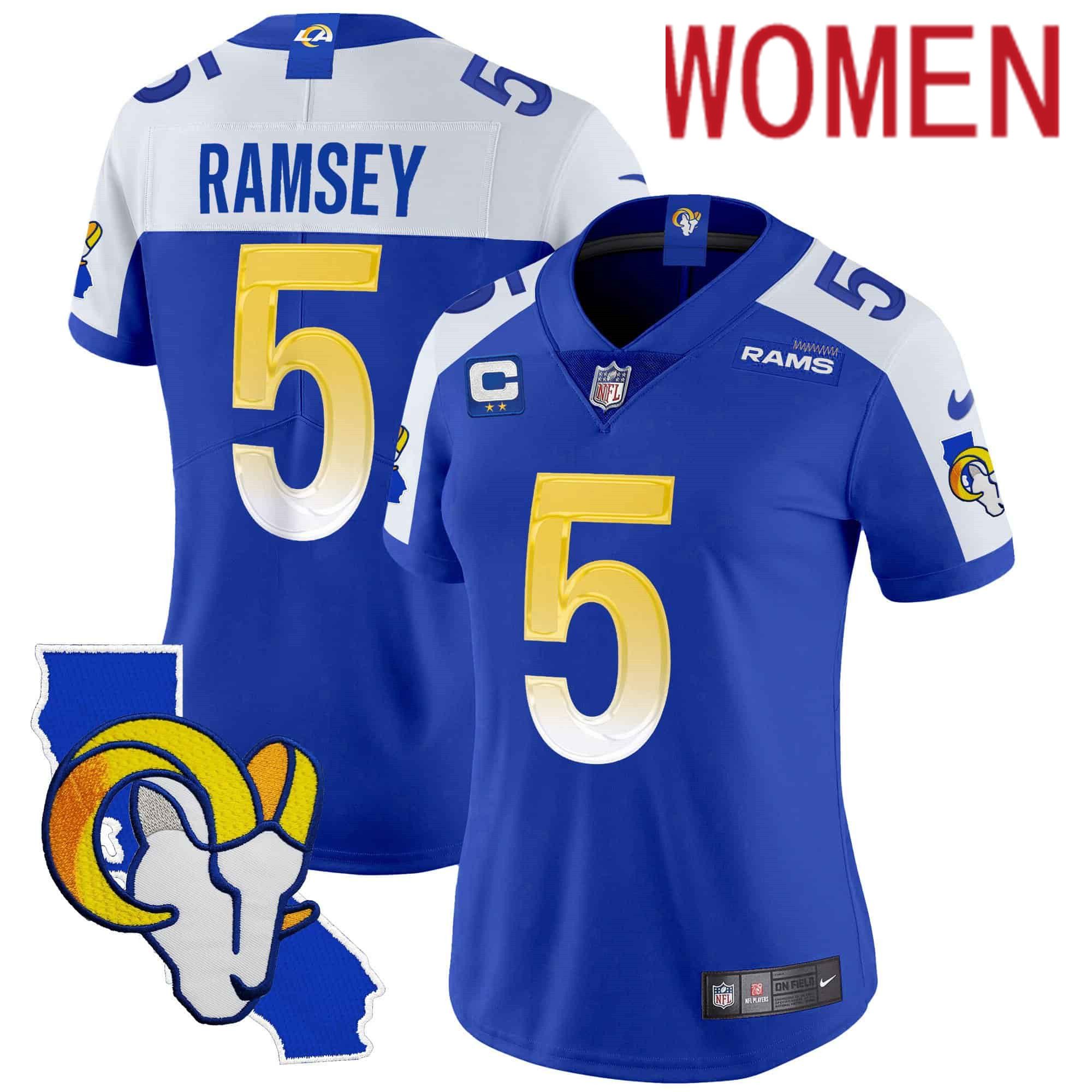 Women Los Angeles Rams 5 Ramsey Blue 2024 Nike California Patch Vapor Limited NFL Jersey